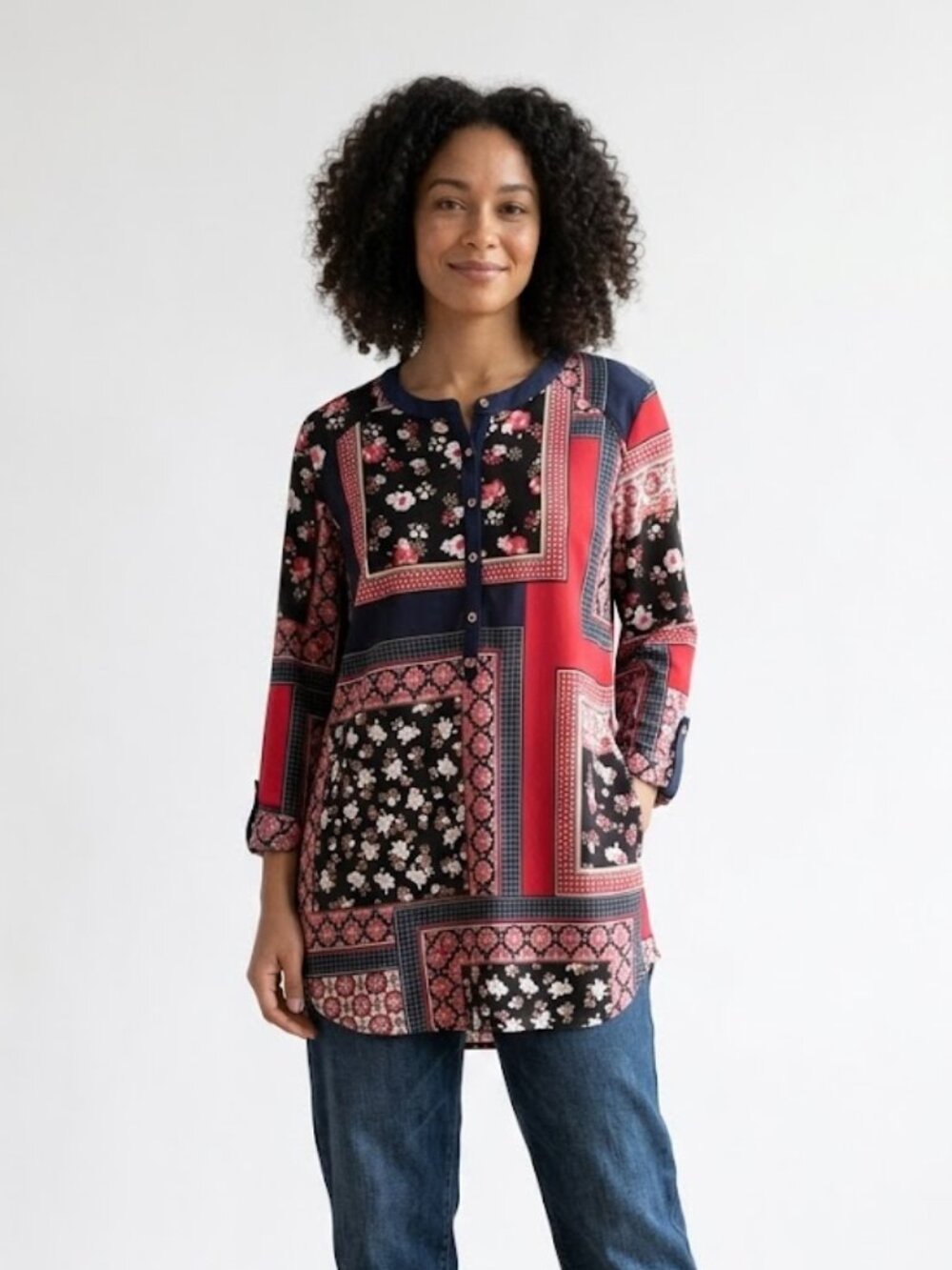 Peter Nygård Patchwork Floral Blouse Medium Boho Tunic Americana July 4th Top